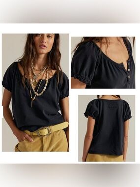 We The Free Issa Tee Puffed Sleeve Henley Top XL Washed Black NWOT